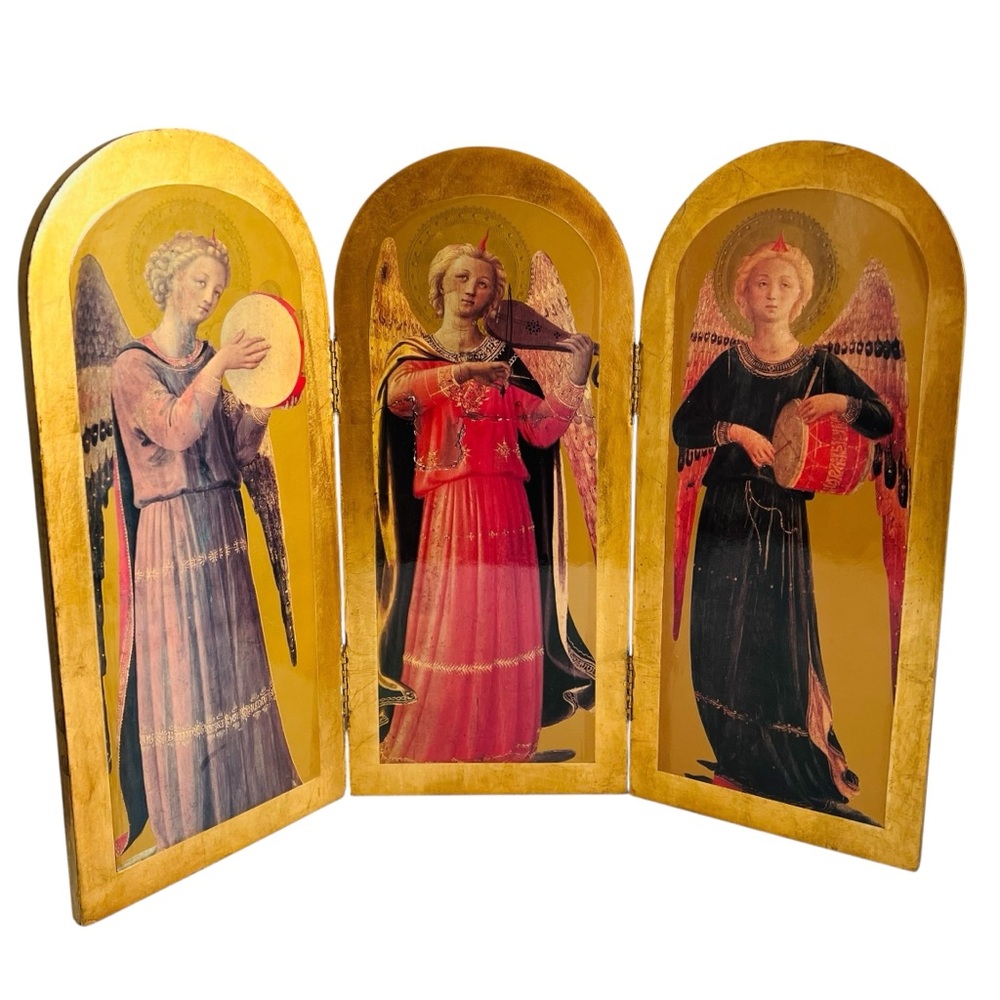 Vintage Italian Triptych Religious Icon Gold Folding Angel Panel